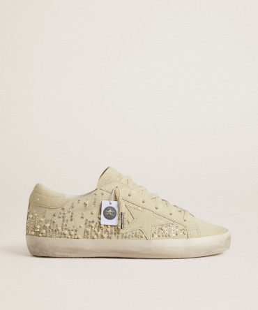 Women’s Super-Star in beige suede with pearls and Swarovski crystals
