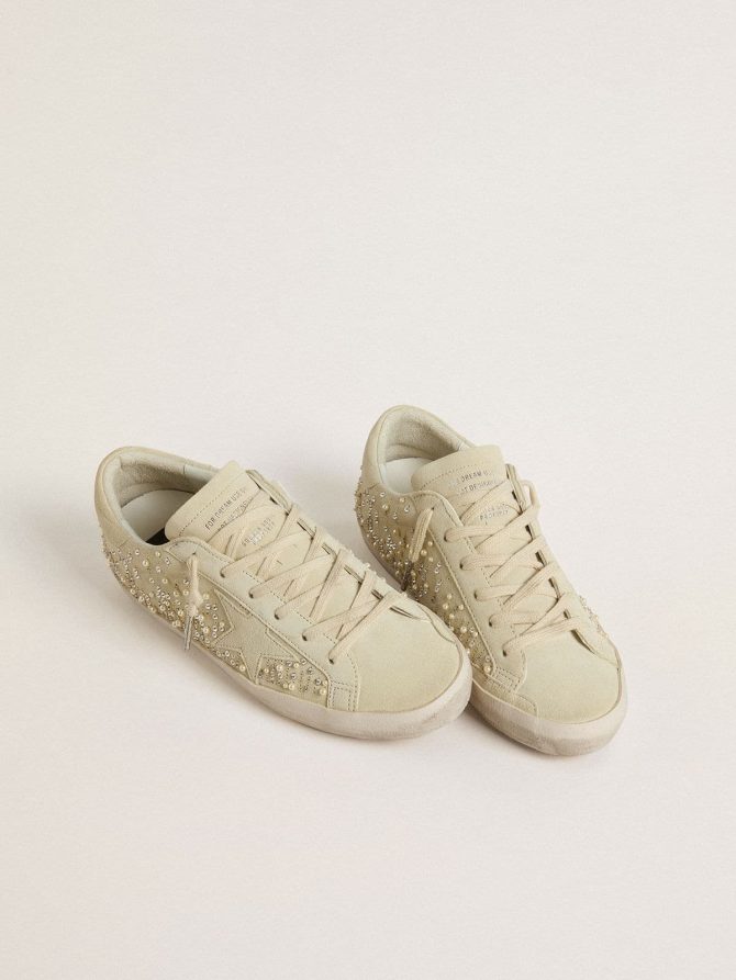 Women’s Super-Star in beige suede with pearls and Swarovski crystals - Image 2