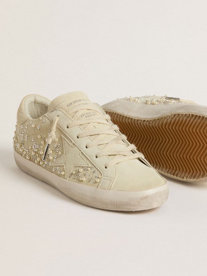 Women’s Super-Star in beige suede with pearls and Swarovski crystals - Image 3