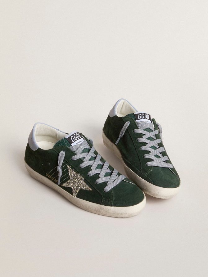 Super-Star in green suede, silver glitter star and leather heel tab - Image 2