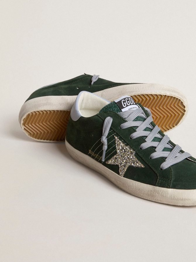 Super-Star in green suede, silver glitter star and leather heel tab - Image 3