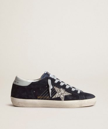 Women’s Super-Star in blue suede, silver glitter star and leather heel tab