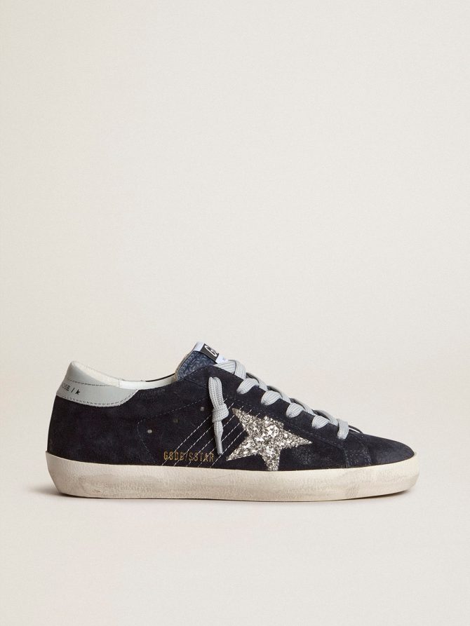Women’s Super-Star in blue suede, silver glitter star and leather heel tab