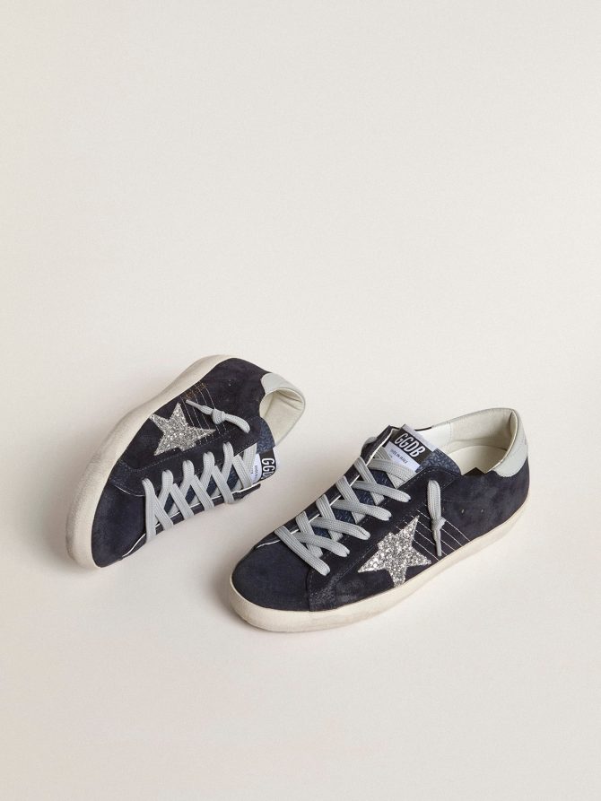 Women’s Super-Star in blue suede, silver glitter star and leather heel tab - Image 2
