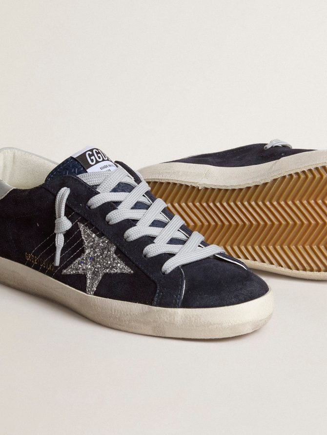 Women’s Super-Star in blue suede, silver glitter star and leather heel tab - Image 3