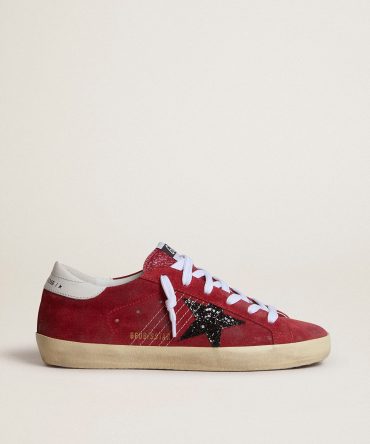 Women’s Super-Star in red suede with glitter star and white heel tab