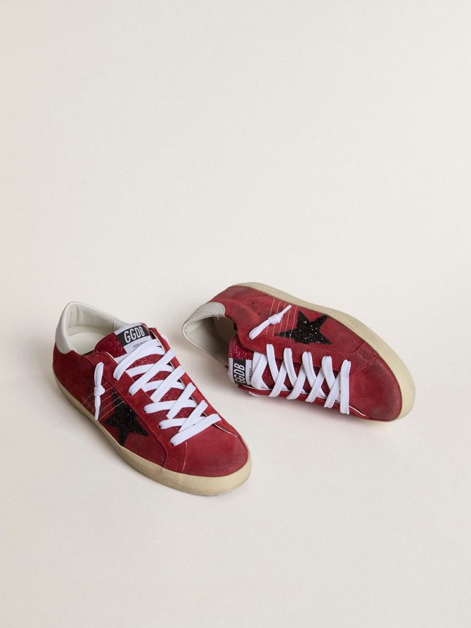 Women’s Super-Star in red suede with glitter star and white heel tab - Image 2