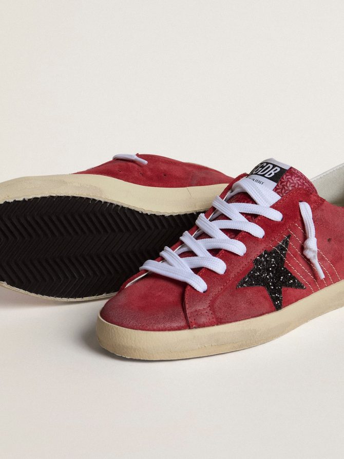 Women’s Super-Star in red suede with glitter star and white heel tab - Image 3