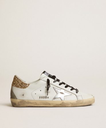 Women’s white leather Super-Star sneakers with glittery heel tab