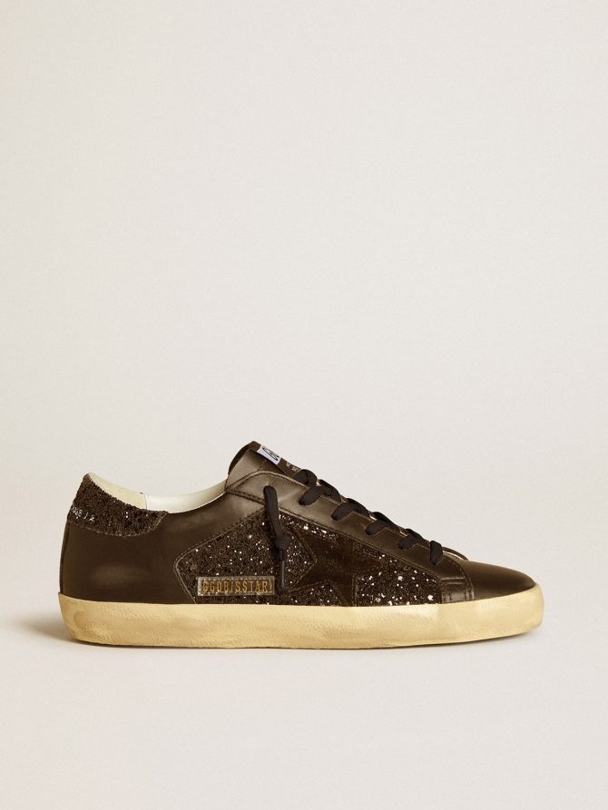 Women’s Super-Star in black glitter with black suede star and leather inserts
