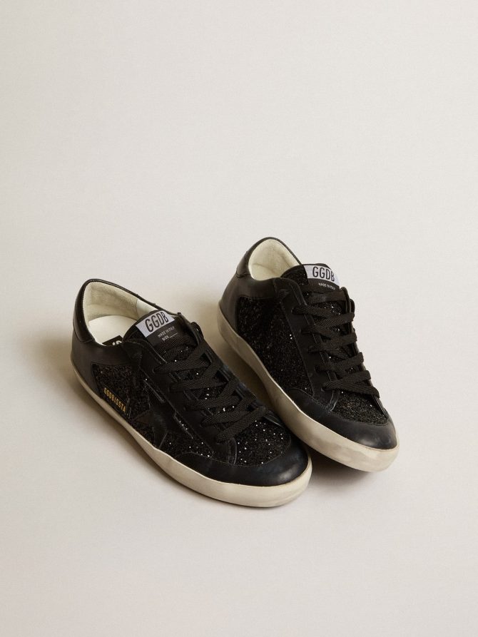 Women’s Super-Star in black nappa and glitter with glossy black leather star - Image 2