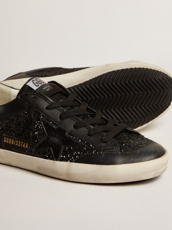 Women’s Super-Star in black nappa and glitter with glossy black leather star - Image 3