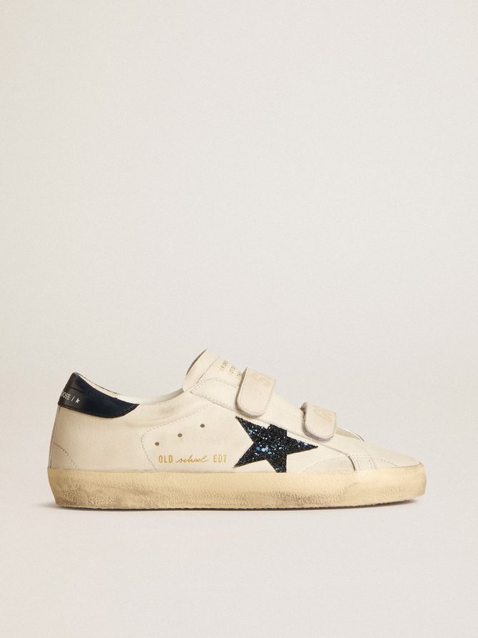 Women’s Old School in leather with blue glitter star and blue leather heel tab