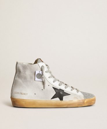 Women’s Francy in white suede with black leather star and silver Swarovski crystal tongue