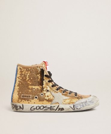 Francy Penstar in gold glitter with suede star and bright blue heel tab