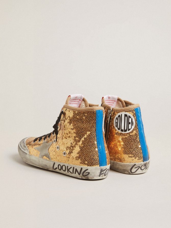 Francy Penstar in gold glitter with suede star and bright blue heel tab - Image 4