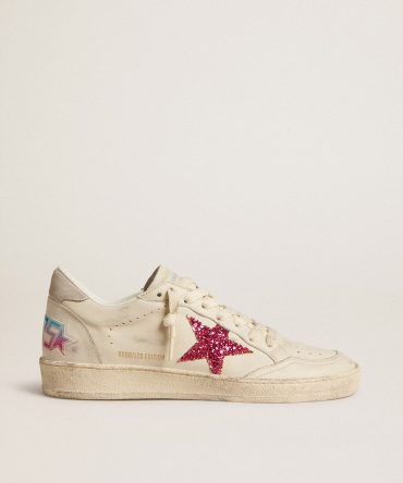 Ball Star LTD with fuchsia glitter star and light gray suede heel tab