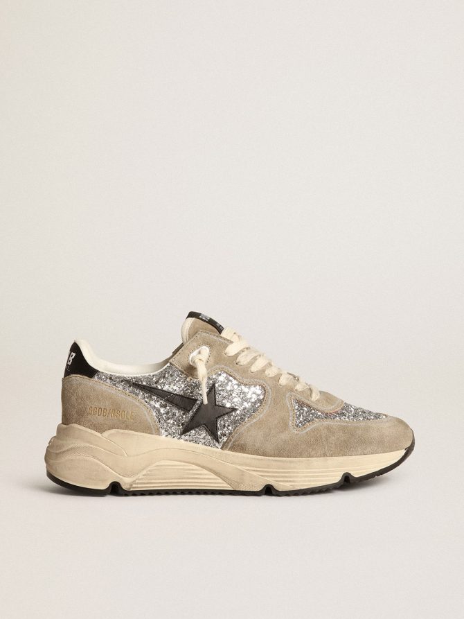 Women’s Running Sole in silver glitter and dove gray suede