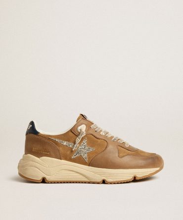 Women’s Running Sole in tobacco-colored nappa leather and suede with silver glitter star