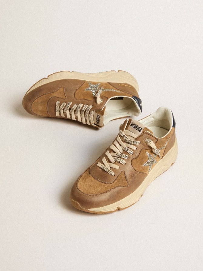 Women’s Running Sole in tobacco-colored nappa leather and suede with silver glitter star - Image 2