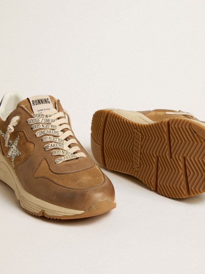 Women’s Running Sole in tobacco-colored nappa leather and suede with silver glitter star - Image 3