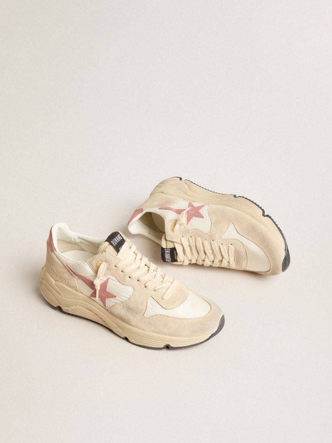 Women’s Running Sole in beige nylon with pink leather star and heel tab - Image 2