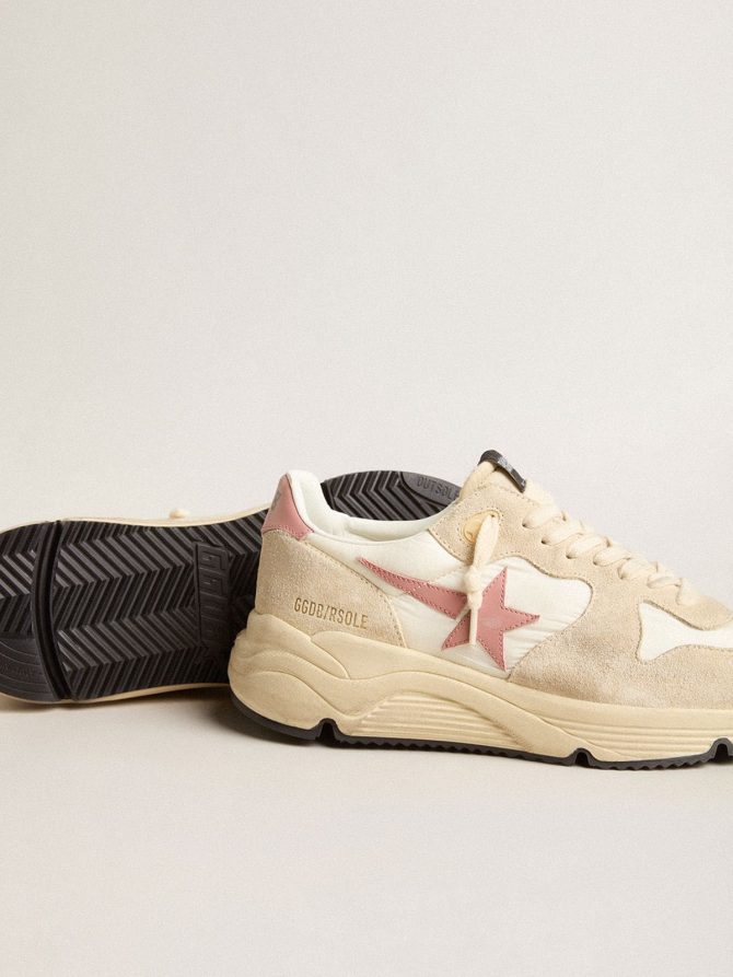 Women’s Running Sole in beige nylon with pink leather star and heel tab - Image 3