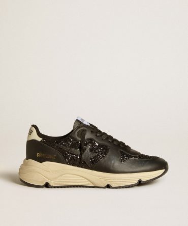 Women’s Running Sole in black glitter with leather star and nubuck heel tab