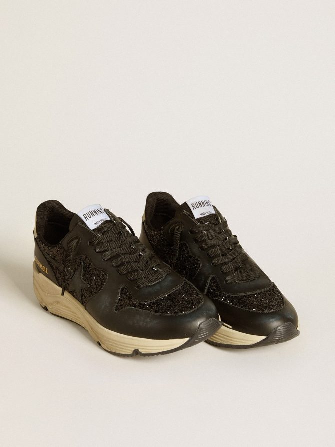 Women’s Running Sole in black glitter with leather star and nubuck heel tab - Image 2
