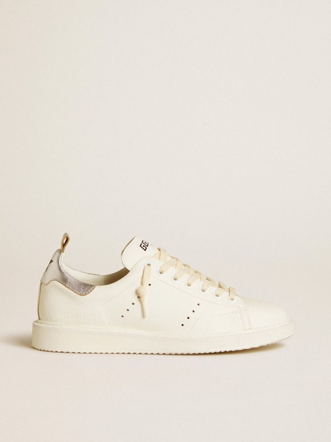 Women’s Starter LTD in white leather with silver metallic leather heel tab