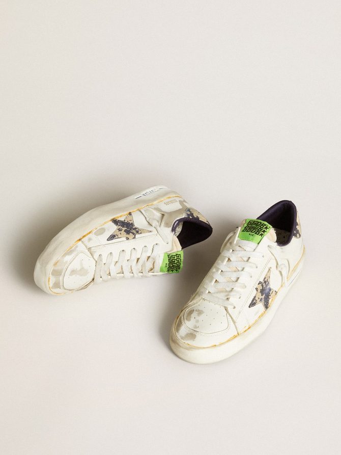 Women’s Stardan LAB in white leather with a camouflage star and heel tab - Image 2