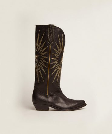 Wish Star boots in black leather with platinum laminated leather inlay star
