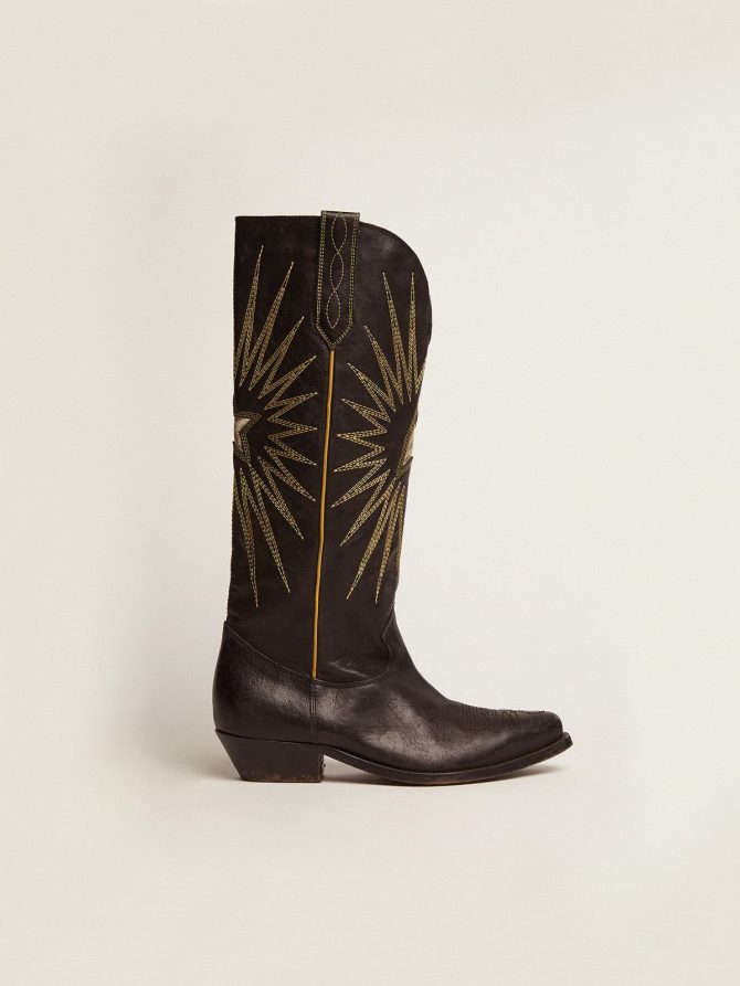 Wish Star boots in black leather with platinum laminated leather inlay star