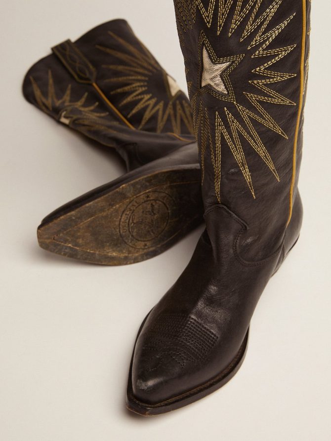 Wish Star boots in black leather with platinum laminated leather inlay star - Image 4