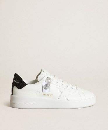 Purestar in white leather with tone-on-tone star and heel tab in black Swarovski crystals
