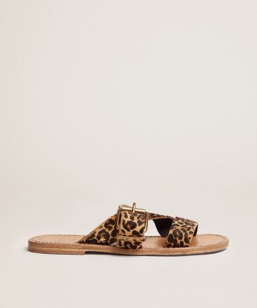 Margaret flat sandals in leopard-print pony skin