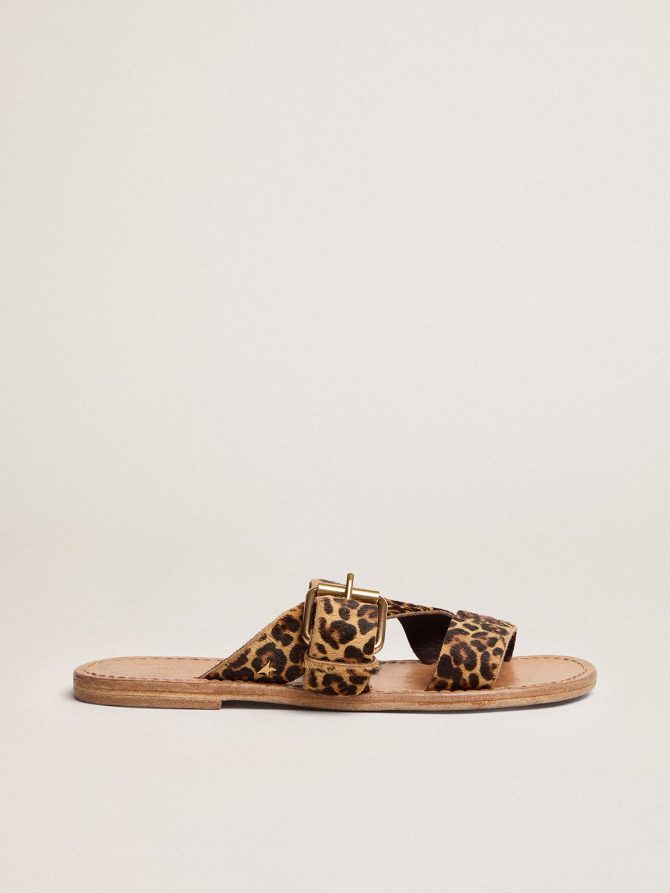 Margaret flat sandals in leopard-print pony skin