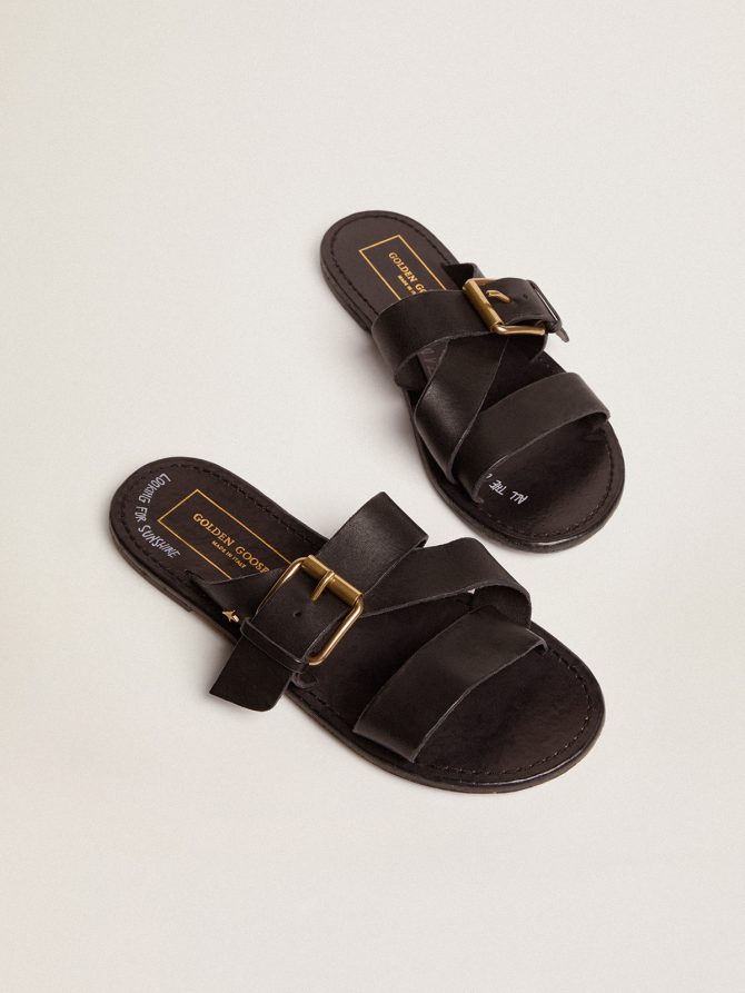 Margaret flat sandals in black resin-coated leather - Image 2