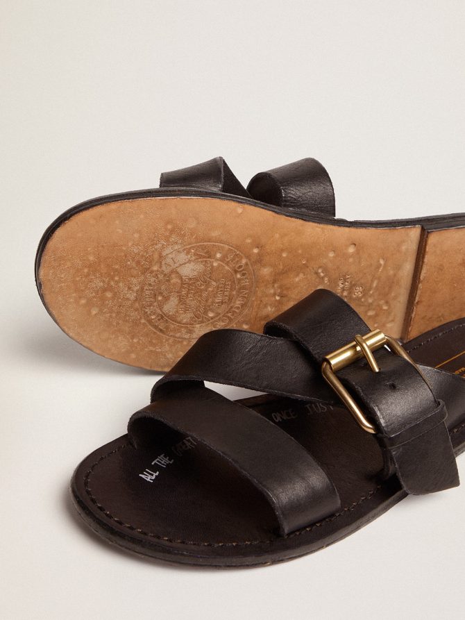 Margaret flat sandals in black resin-coated leather - Image 4