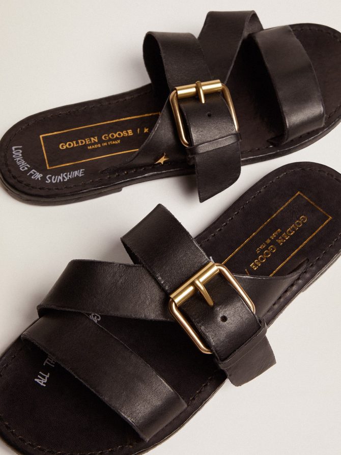 Margaret flat sandals in black resin-coated leather - Image 5