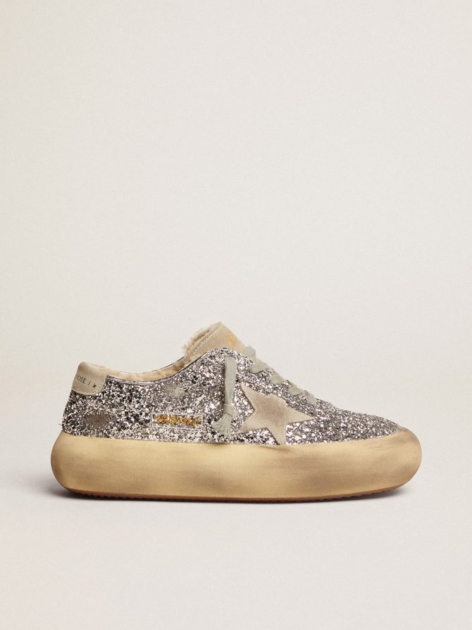 Women’s Space-Star shoes in silver glitter with shearling lining