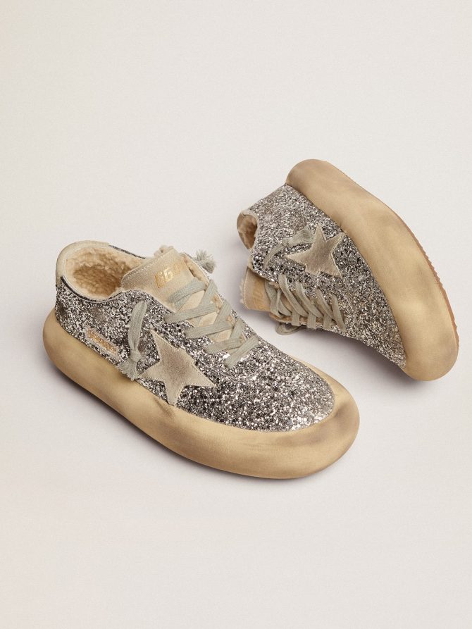 Women’s Space-Star shoes in silver glitter with shearling lining - Image 2