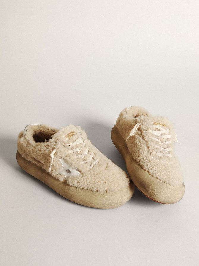 Women’s Space-Star shoes in beige shearling with white leather star and metallic leather heel tab - Image 2