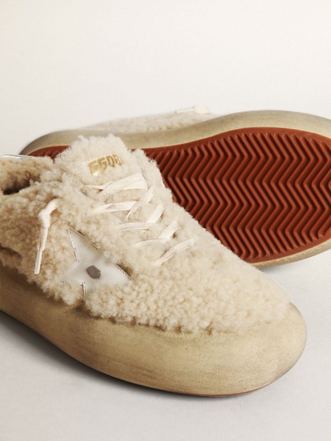Women’s Space-Star shoes in beige shearling with white leather star and metallic leather heel tab - Image 4