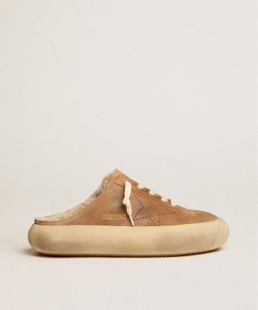 Women’s Space-Star Sabot shoes in tobacco-colored suede with shearling lining