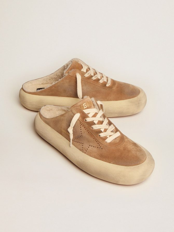 Women’s Space-Star Sabot shoes in tobacco-colored suede with shearling lining - Image 2