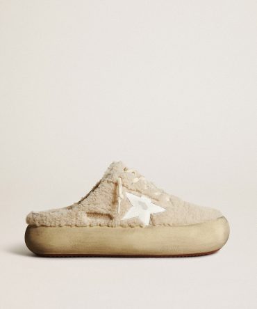 Women’s Space-Star Sabots in beige shearling with white leather star