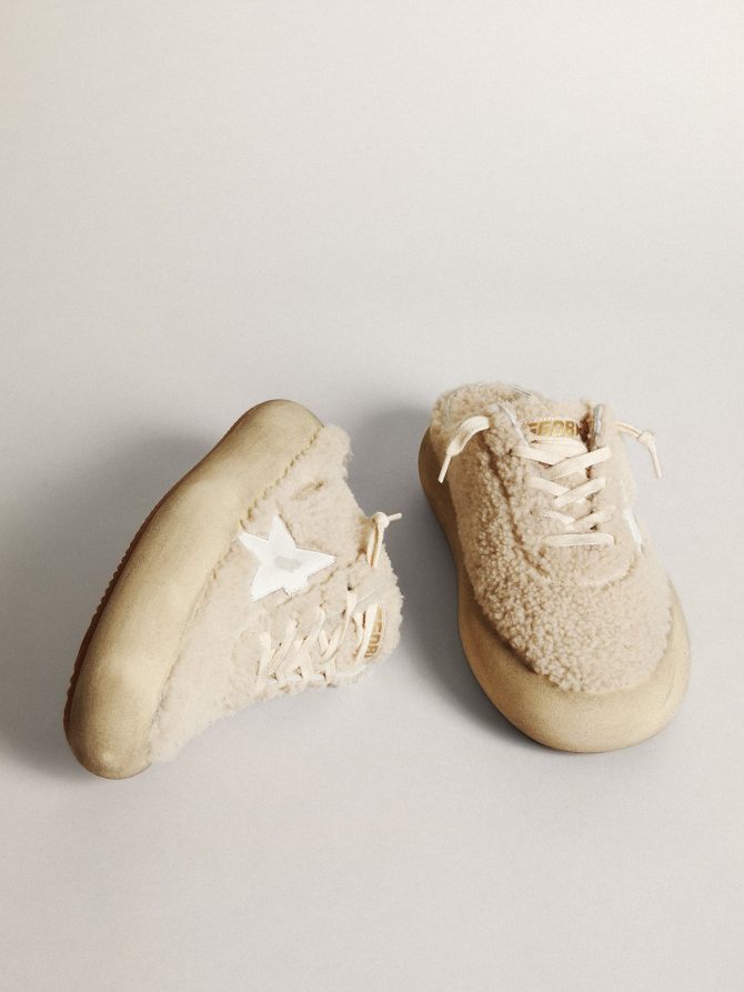 Women’s Space-Star Sabots in beige shearling with white leather star - Image 2