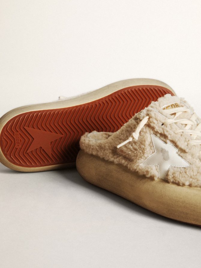 Women’s Space-Star Sabots in beige shearling with white leather star - Image 4