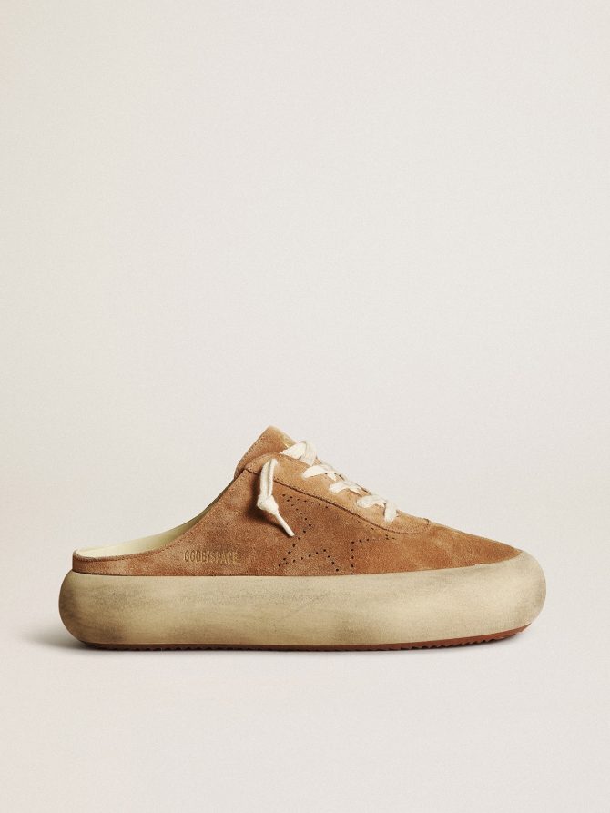 Women’s Space-Star Sabot in tobacco-colored suede with perforated star